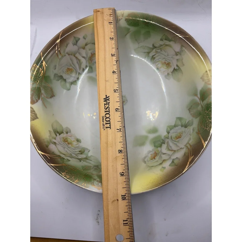 Leuchtenburg Germany Antique Porcelain Serving‎ Bowl White Roses Gold Gilt 10 in